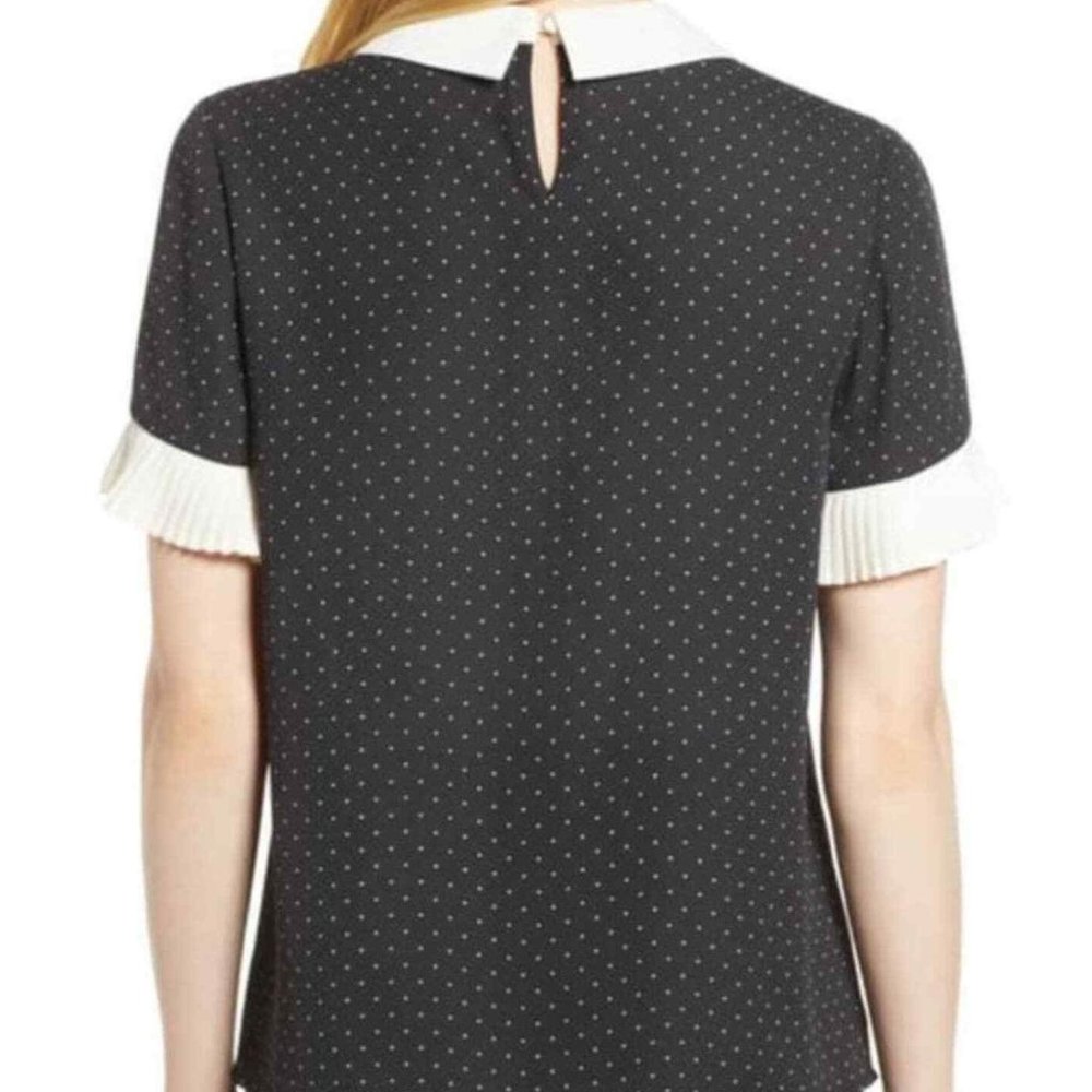 CeCe Womens Short Sleeve Polka Dot Collared Blouse Navy Blue White Size Medium - Picture 4 of 11